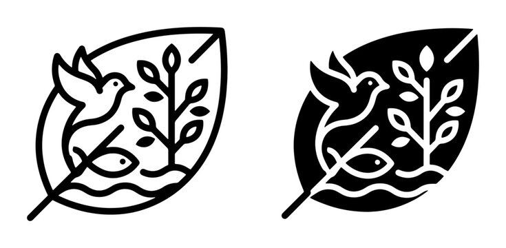 Nature Eco Logo, Leaf Symbol with Bird, Fish, and Plant, Organic Environmental Icon, Clean Ecosystem Graphic