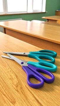 Two pairs of colorful scissors lying on a wooden school desk.