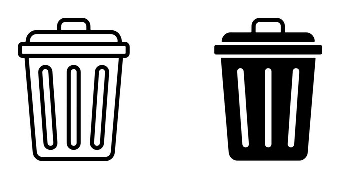 Two Trash Can Icons: Outline and Solid Black, Simple Vector Graphics for Waste Management and Recycling Concepts