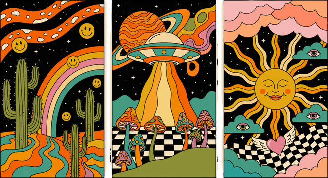 Set of three psychedelic retro posters featuring cosmic desert landscapes with UFOs mushrooms and smiling sun.