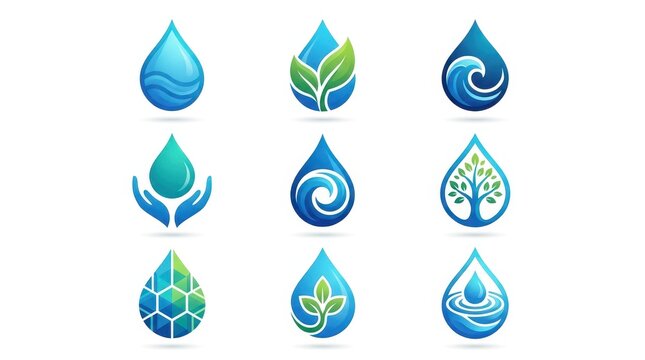 Set of water drop logo designs featuring nature, ecology, and environmental concepts