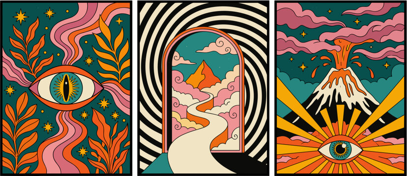 Set of three psychedelic surreal art posters featuring mystical eyes volcanoes and cosmic landscapes in retro vintage style.