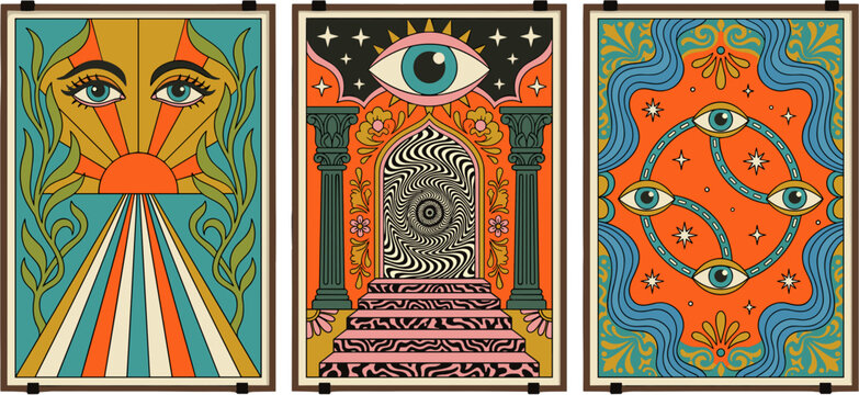 Set of three psychedelic tarot cards featuring mystical eyes and surreal landscapes in vibrant retro colors.