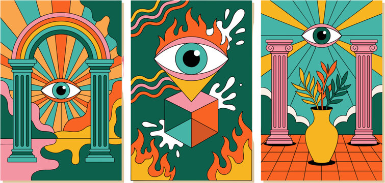 Set of three psychedelic surreal posters with mystical eyes and architectural elements in retro vintage style.