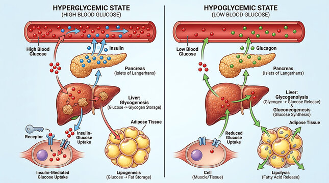 Hyperglycemic and hypoglycemic glucose regulation processes in human body