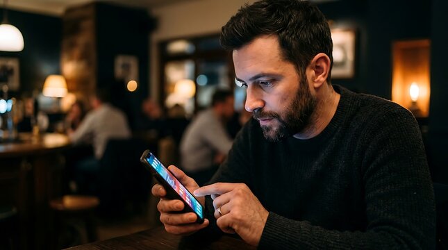 Focused Young Man Scrolling on Smartphone Screen While Sitting in a Cozy Pub or Restaurant at Night