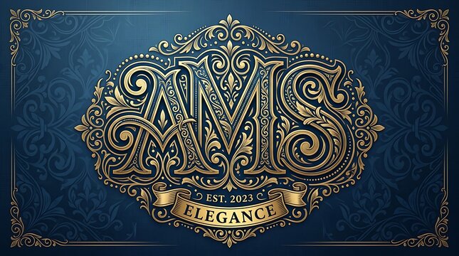 Luxury Gold Vintage Monogram AMS Logo with Ornate Flourishes on Royal Blue Damask Background