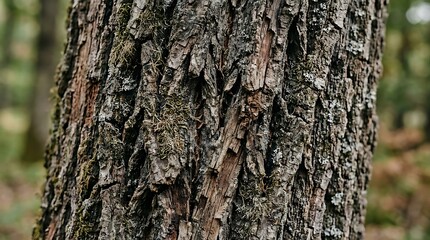 Fototapeta premium Detailed Texture of Aged Tree Bark with Green Moss Growing on the Surface in a Lush Forest