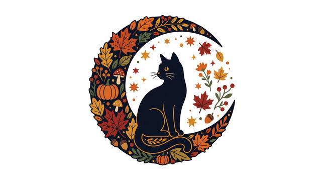 Black cat sitting within a crescent moon floral ornament vector illustration
