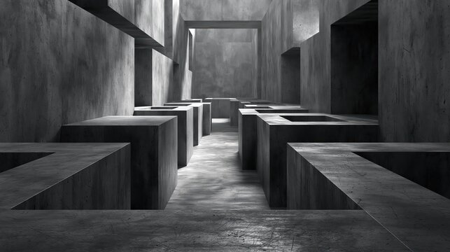 Abstract Concrete Maze with Shadows Creating Depth and Mystery