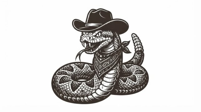 Vintage style illustration of a rattlesnake wearing a cowboy hat and bandana isolated on white background