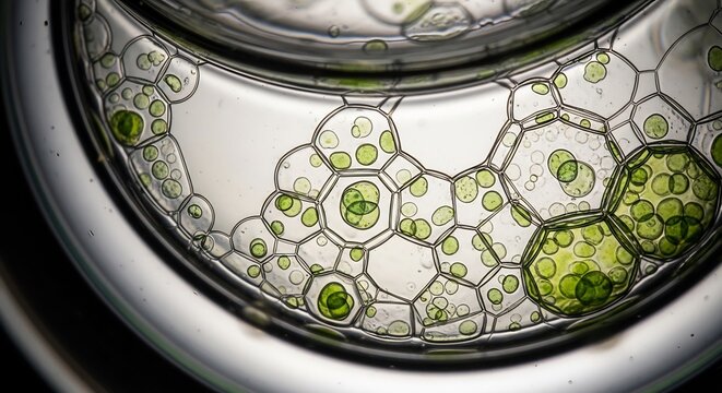 Microscopic view of plant cells showing hexagonal structures and chloroplasts