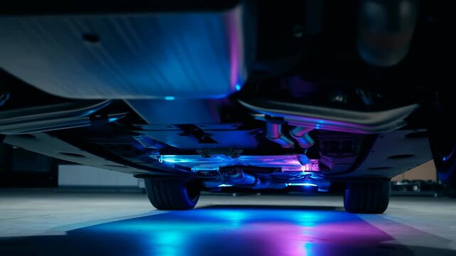 Low-angle view of parked vehicle underside with cyan and magenta underglow lighting, showing exhaust pipes, chassis panels, fasteners, heat shields, and rear wheel detail
