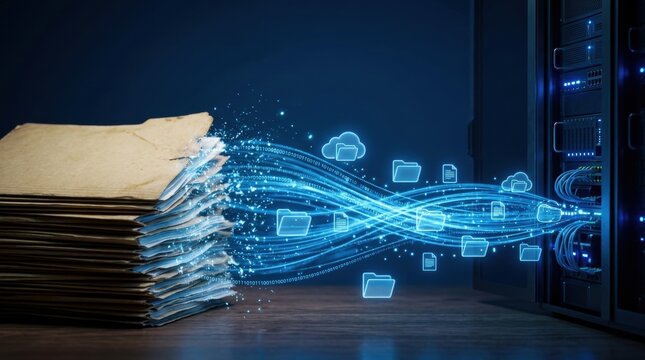 Digital Transformation: A stack of old paper files streams digital data into a modern server, symbolizing the shift from analog to digital information management and data transfer.