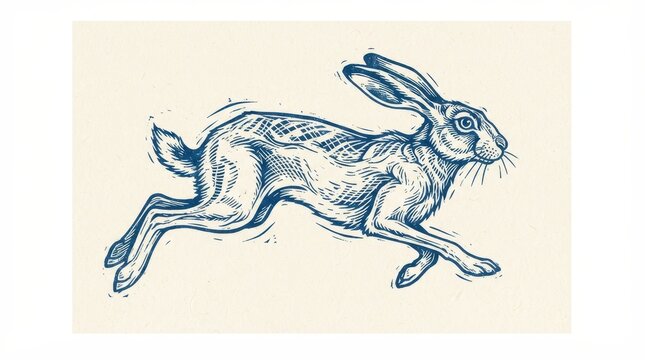 Detailed etching style illustration of a running hare