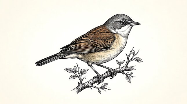 Vintage Hand Drawn Illustration of a Common Whitethroat Bird Perched on a Leafy Tree Branch