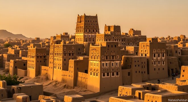 Historical mud brick skyscrapers of Shibam in Yemen bathed in golden sunset light.