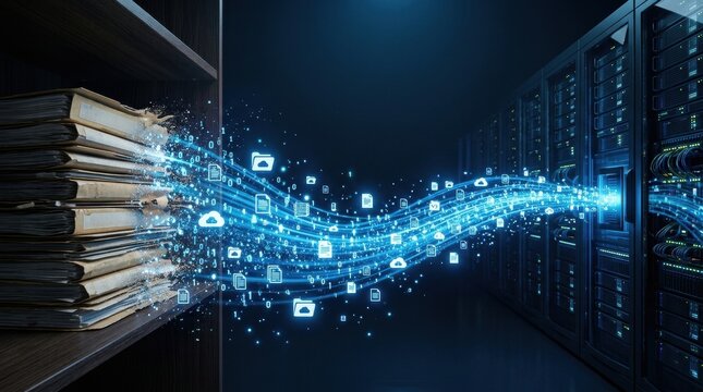 Data Migration from Books to Servers: An artistic representation of data transfer, with digital information flowing from a stack of old books on a shelf to a modern server rack.