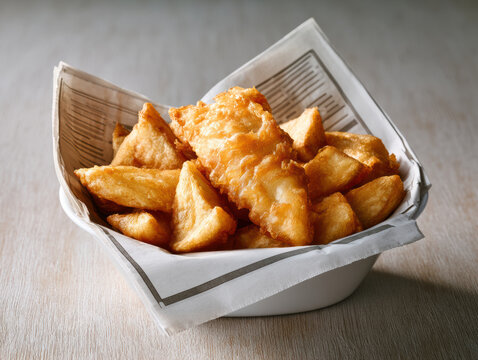 Crispy fish golden potato fried newspaper British meal lunch traditional comfort food delicious taste. Classic British fish and chip meal served