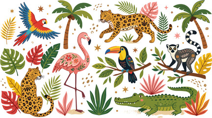 Obraz premium Tropical Jungle Animals and Exotic Plants Illustration on Black Background.