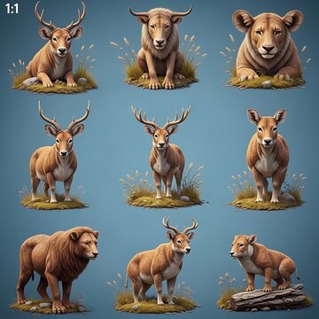 Collection of fantasy hybrid animals on small grassy islands