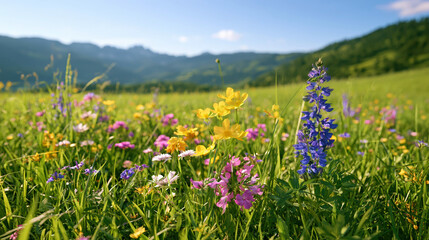 Fototapeta premium Vibrant Wildflower Meadow with Insects and Scenic Mountain Backdrop