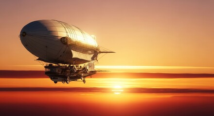 Naklejka premium Majestic steam-powered dirigible glides gracefully through a vibrant sunset sky filled with layered orange clouds and soft golden sunlight, orange sky, gasbag, aerial