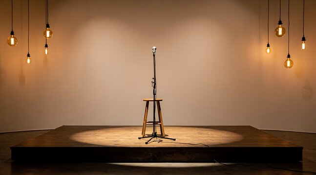Empty Stage with Microphone and Stool Under Spotlight Ready for Performance.