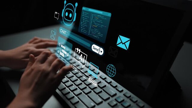 Futuristic Hands Typing on Keyboard with Virtual Interface Elements Featuring Chatbot Icons and Communication Tools in a Tech Workspace. Entropy.