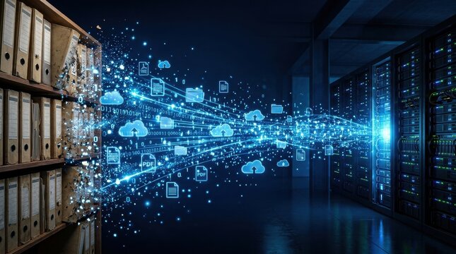Digital Data Stream: A visual representation of digital data flow from physical file cabinets to a server rack, illustrating cloud storage and the transformation of information.