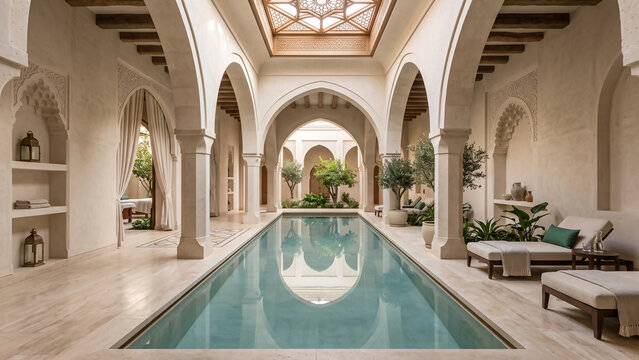 Luxury Moroccan Riad Indoor Pool with White Arches and Natural Sunlight