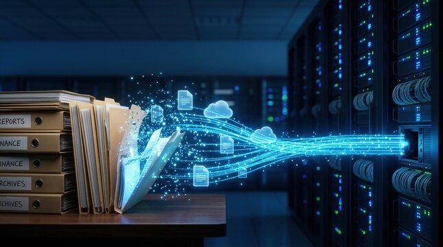 Digital Transformation of Data: A stack of traditional files transforms into digital information streams, flowing into a modern server rack.