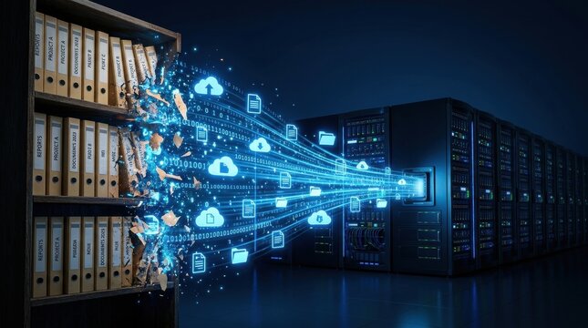 Digital Data Transfer: An illustration depicting the seamless transition of information from physical archives to a modern server farm.