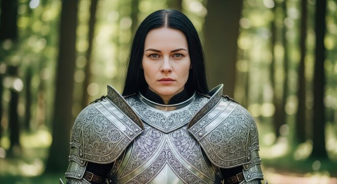 Ornate silver plate armor paired with dark hair and pale skin, showing a serious expression staring forward against a blurred forest scene, metallic, realism, historical