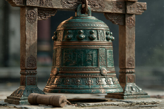 Bronze peace bell on carved wooden frame with rich patina under cinematic lighting. Solemn atmosphere, negative space, and warm metallic highlights ideal for heritage campaigns and museum displays.
