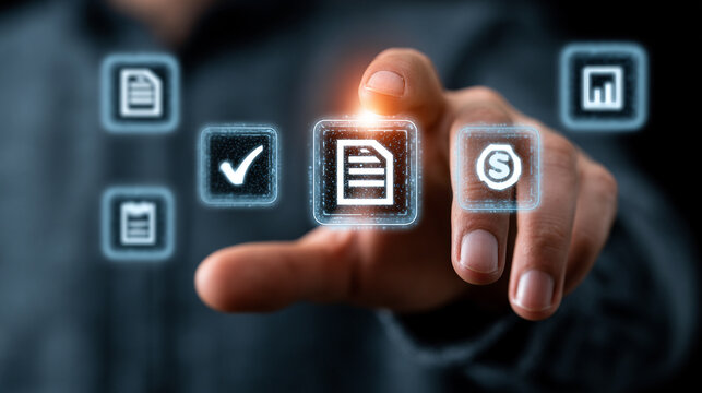 Hand interacts with a document icon on an illuminated digital dashboard to manage corporate files.