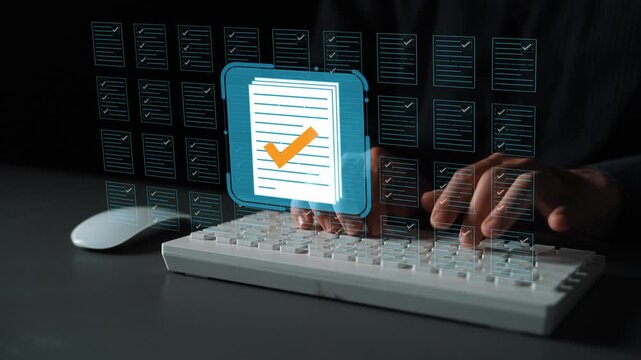 Digital workspace concept showcasing document management with checkmarks, keyboard input, and virtual interface for efficient task completion and organization. Entropy.