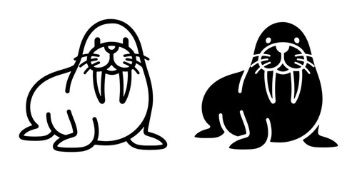 Fototapeta premium Cute Walrus Icons, Simple Line Art and Silhouette Vector Graphics for Arctic Wildlife Themes, Marine Mammal Illustrations