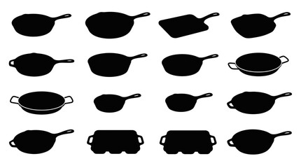 Fototapeta premium Cast Iron Skillet Silhouette Collection Set of Various Cookware and Frying Pan Shapes