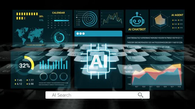 Digital Interface Showcasing Artificial Intelligence Elements with Graphs, Chatbots, and Data Analysis Visuals on a Keyboard Background. Entropy.
