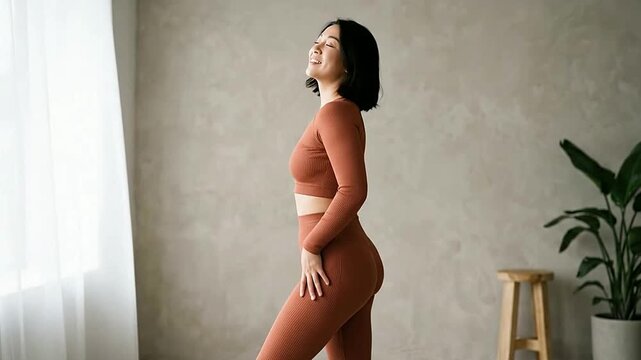 Confident woman in comfortable activewear standing indoors
