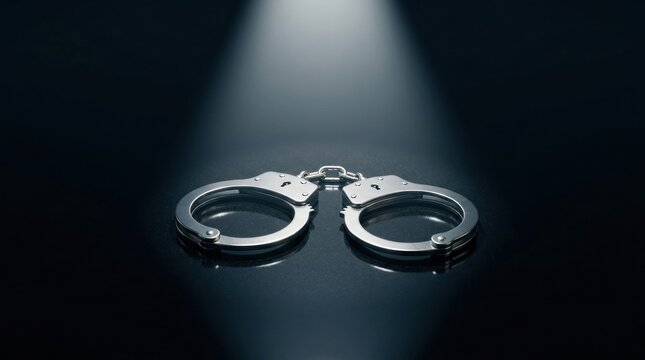 Handcuffs Under Spotlight: A pair of metallic handcuffs illuminated by a solitary beam of light, symbolizing justice, law enforcement, and the consequences of crime.