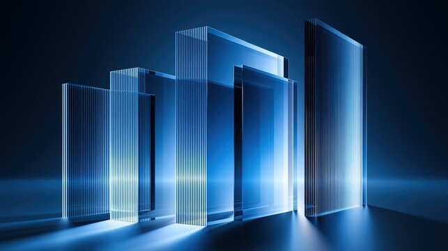 Overlapping layered vertical translucent blue ribbed glass rectangles on deep dark blue glowing background showing futuristic abstract modern geometric technology art composition