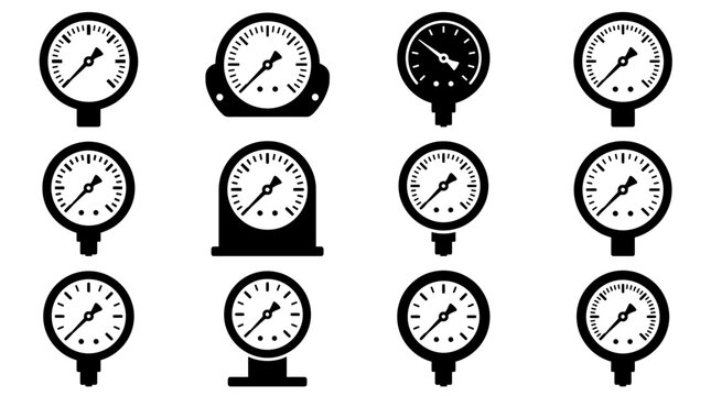 Pressure Gauge Silhouette Icon Vector Set with Various Measurement Dials and Meters