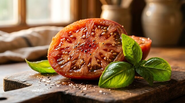 Fresh Sliced Heirloom Tomato with Basil Leaves on a Rustic Wooden Cutting Board