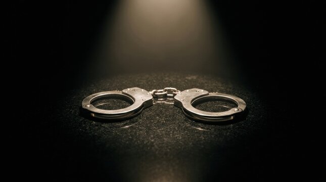 Handcuffs under Spotlight: A pair of metallic handcuffs rests on a textured surface, illuminated by a dramatic spotlight, symbolizing justice, confinement, and the legal system.