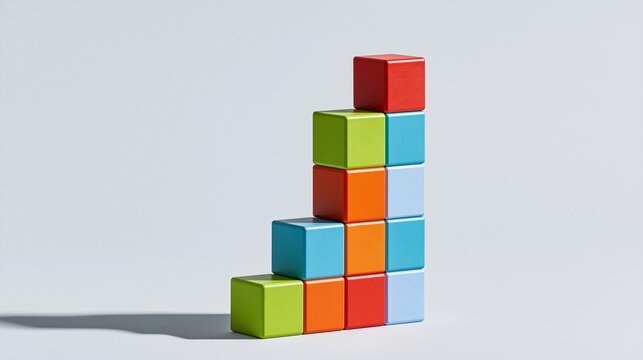 Colorful solid cube blocks stacked into upward growing step shape against plain light gray background showing business growth and development success concept