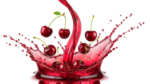 Fresh cherries with red juice splash. Isolated fruit falling into liquid wave.