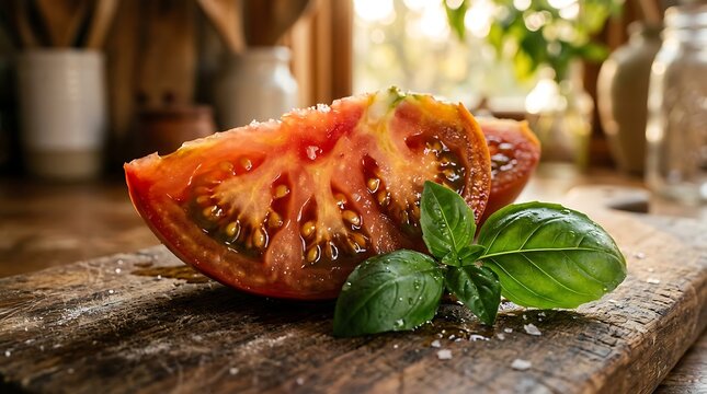 Organic Red Tomato Slice with Fresh Green Basil Leaves and Sea Salt on a Rustic Wooden Board