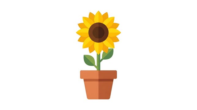 Bright yellow sunflower blooming in a simple terracotta pot. Cheerful flat design summer botanical illustration isolated on white.